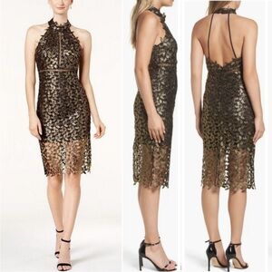 Bardot Gemma Lace Halter Black And Gold US 10/L Lined Ladder Stitch Metallic